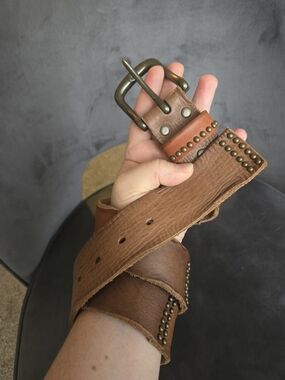 Leather Island Bill Lavin Vintage Wide Brown Studded Western Belt Double Prong